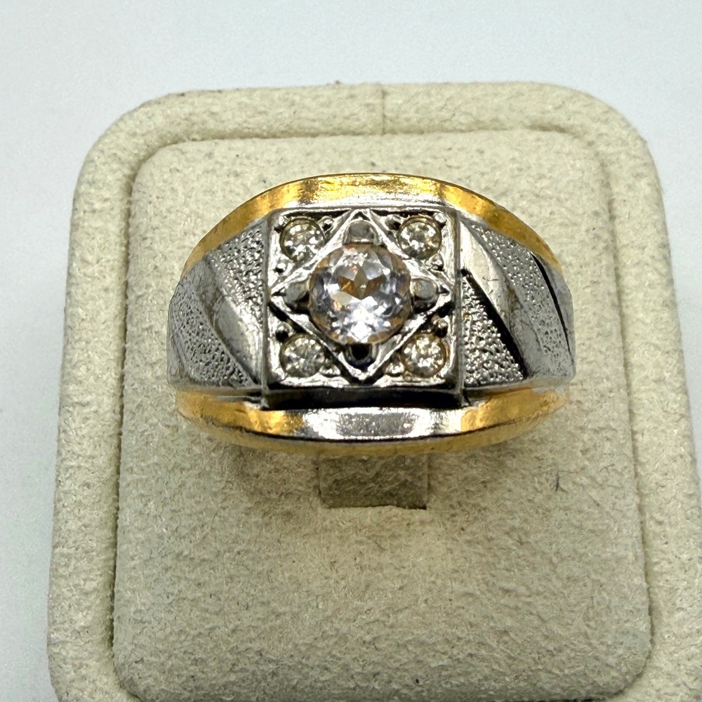 Vintage 18K HGE Gold Plated Two Tone Signet Ring Clear Stone Unisex Size 8